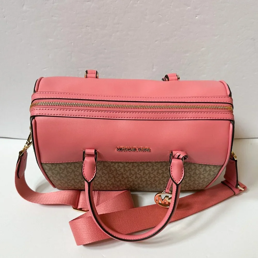 Michael Kors Pink Trim Logo Satchel with Adjustable Strap